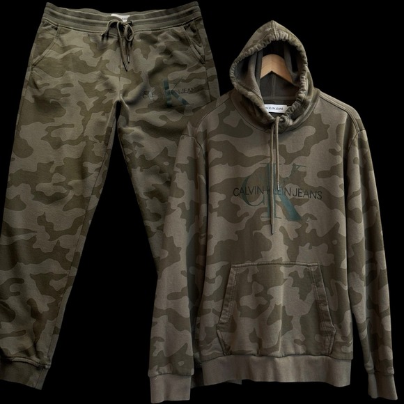 Calvin Klein Camo Hoodie Sweatshirt & Sweatpants DrawstringJogger Set Men L #6&7
